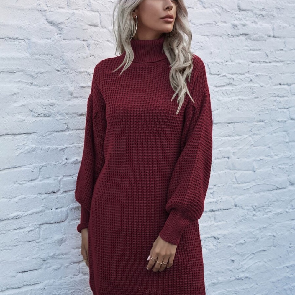 Green turtleneck lantern sleeve sweater Knit Dress - Picture 8 of 12
